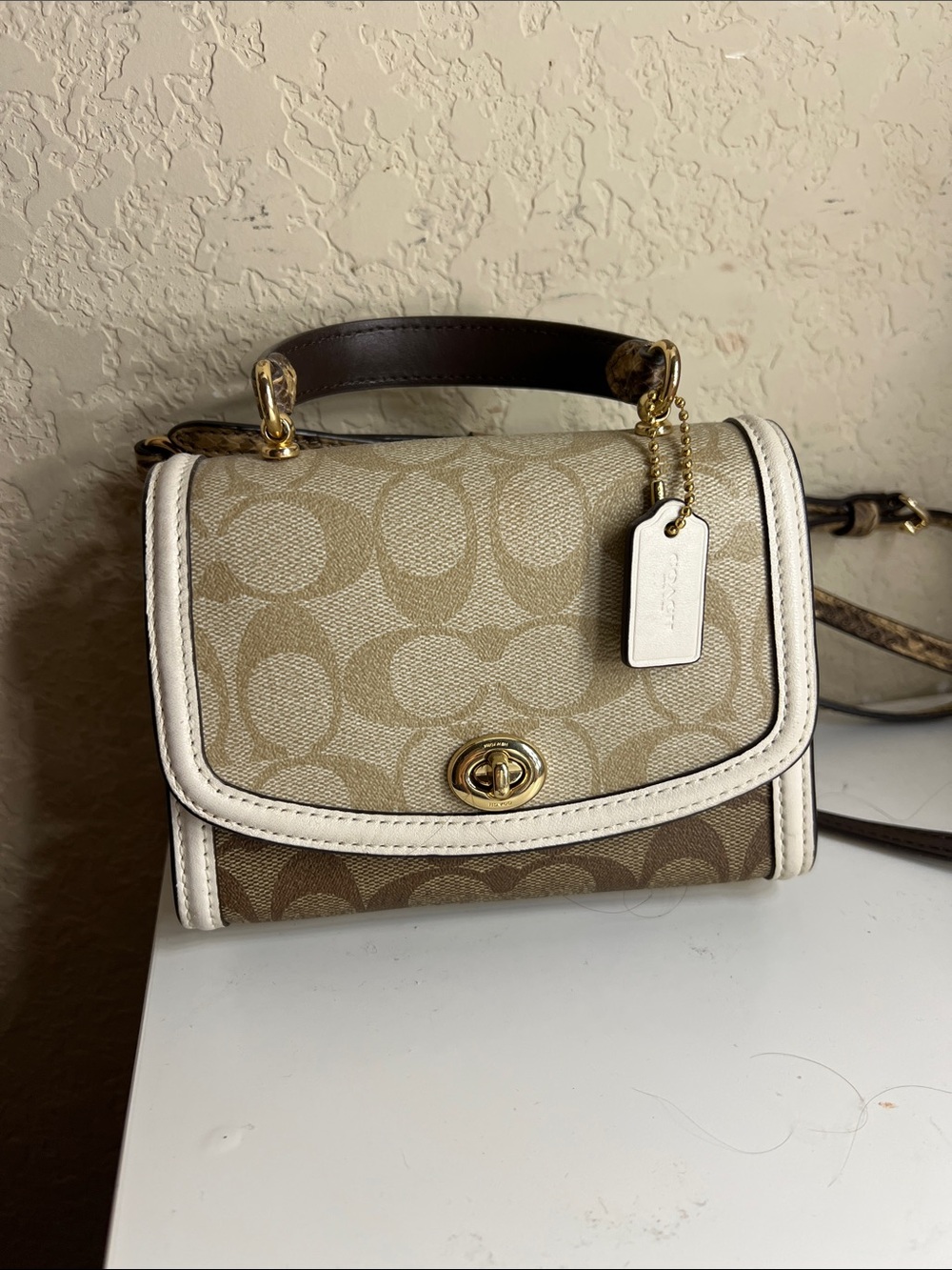 Coach Mini Top Handle Crossbody in Beige and White